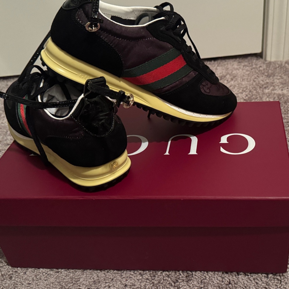 Gucci Black Sneakers with Yellow Sole and Red-Green Stripes